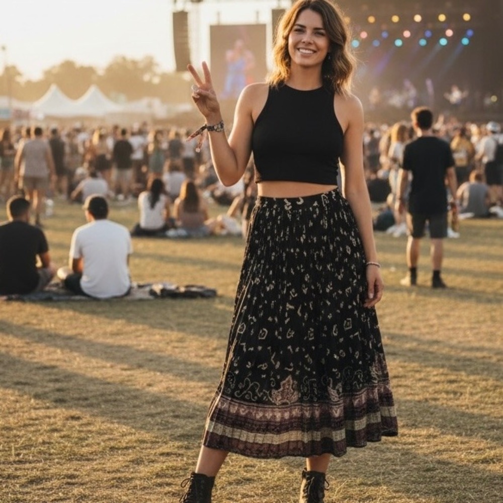 Vintage 90s Just Class Maxi Skirt Med Broomstick Cotton India‎ Black White Boho